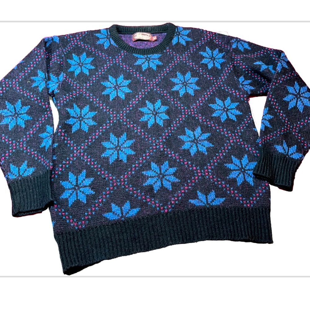 Snowflakes blue FAIR ISLE Black purple WOOL Sweater Geometric mens Medium 90s M